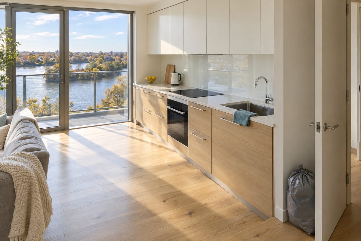 A tidy kitchen with a wiped hob, a cloth folded over the sink and a tied bin bag by the door