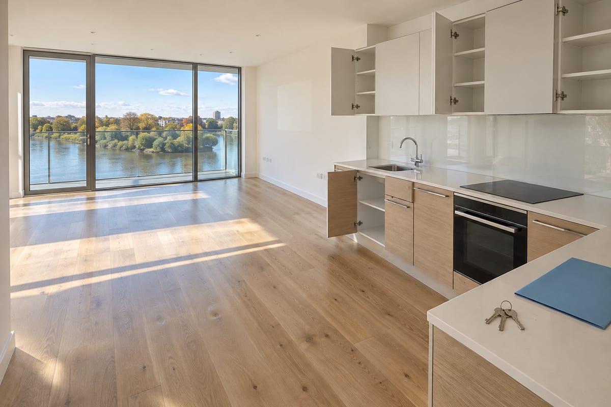 An empty flat on moving day, with open, empty kitchen cupboards and a set of keys and a folder on the worktop