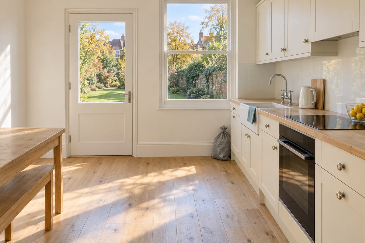 A tidy kitchen with cream Shaker units and an oak worktop, a glazed garden door and a sash window looking onto a walled garden in autumn