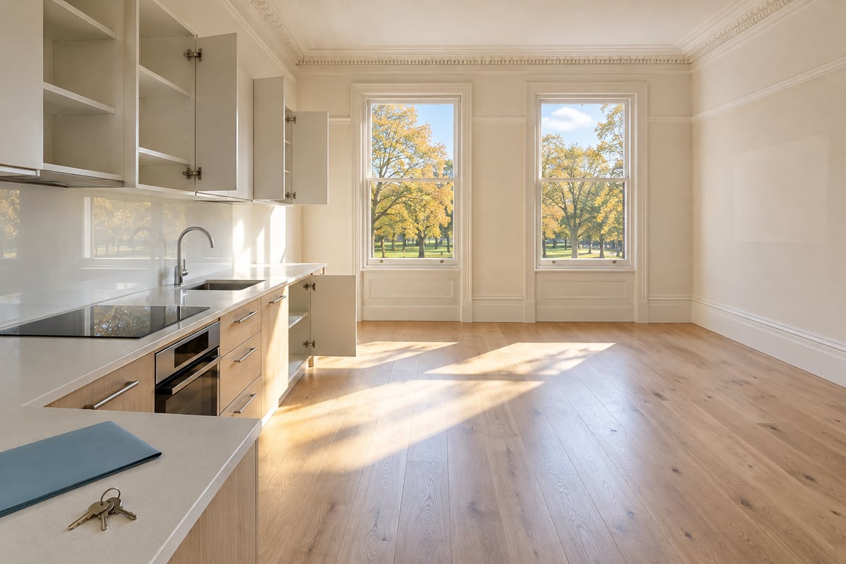 An empty flat with open kitchen cupboards, keys and a blue folder on the worktop, and two tall sash windows looking onto autumn trees