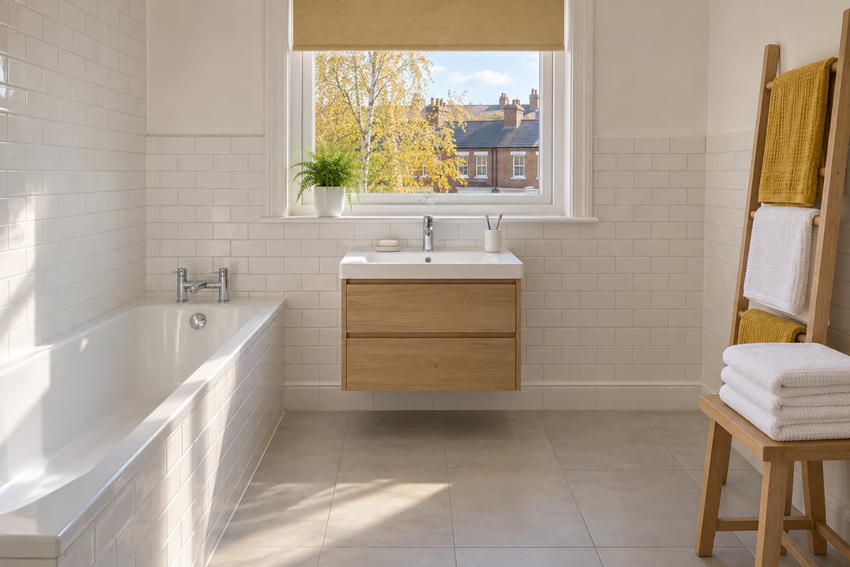 A bathroom with white metro tiles, a white bath with chrome taps, an oak vanity and white basin under a sash window with an ochre roller blind, and mustard and white towels on a wooden ladder.