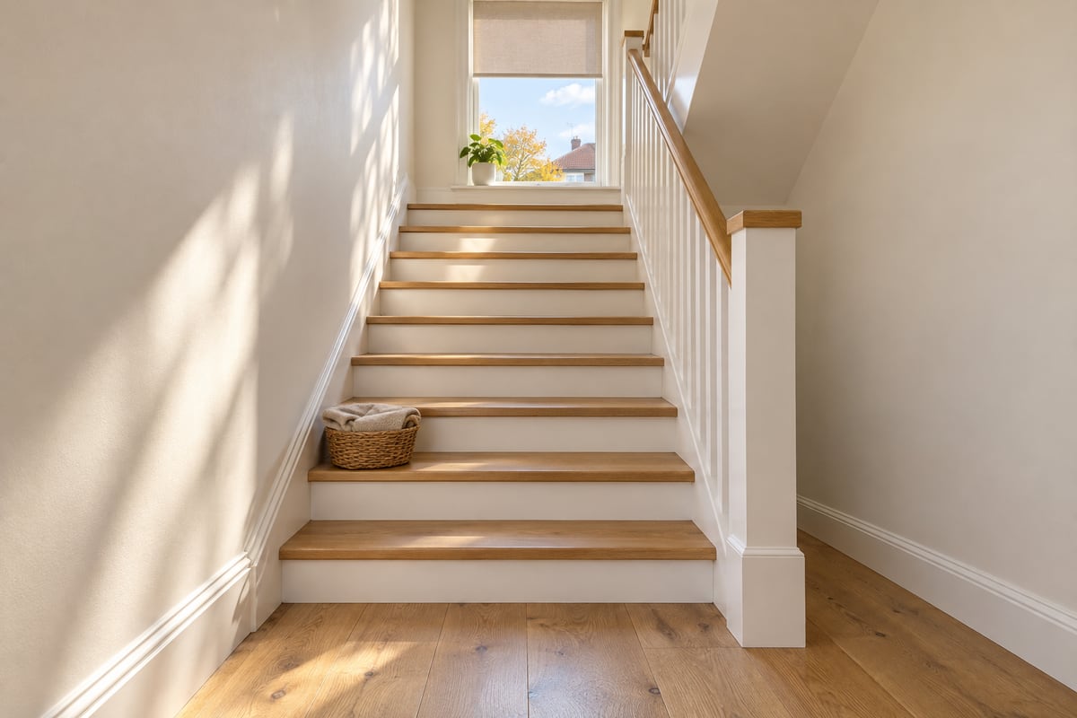 A hall and staircase with oak treads, white risers and a white banister, white skirting boards running along the floor and up beside the stairs, and a window with a linen roller blind at the half landing.