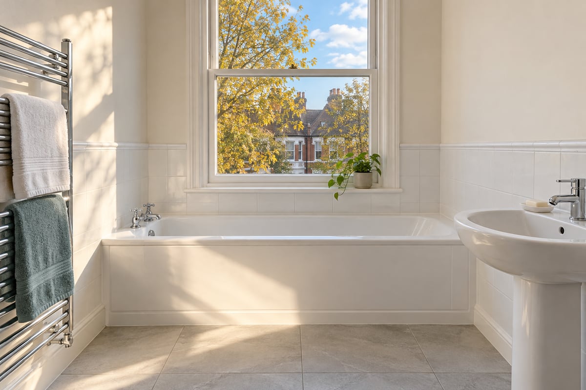 Bathroom with a white bath under a sash window, a chrome towel rail with folded towels and a pedestal basin, autumn trees and red-brick houses outside