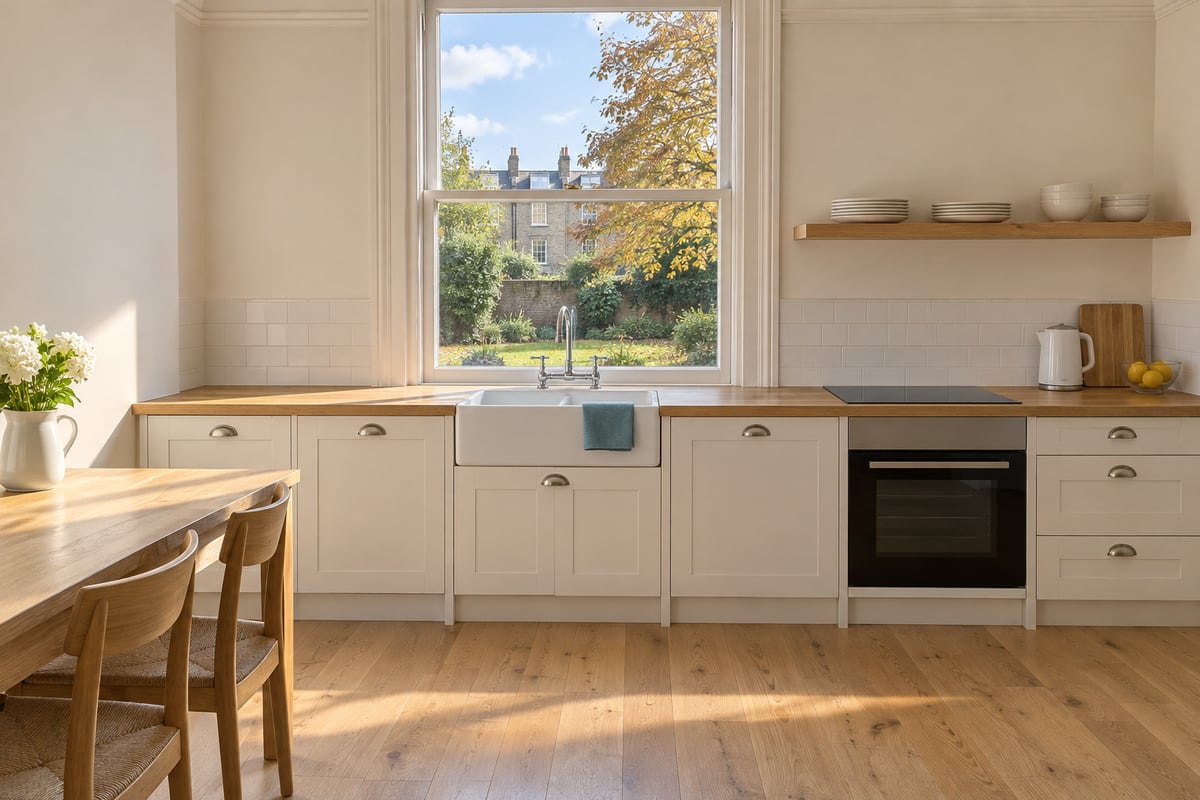 Cream shaker kitchen with an oak worktop, a butler sink and bridge tap below a tall sash window, and a back garden outside