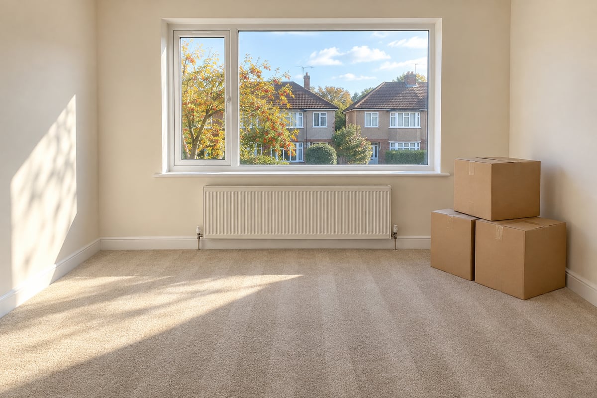 An empty bedroom with a freshly vacuumed oatmeal carpet, a wide white window onto a street of semi-detached houses, a radiator and three sealed plain cardboard boxes.