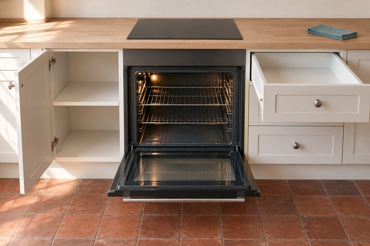 An open built-in oven with two clean wire racks and its light on, beside an open empty drawer and an open cupboard with a bare shelf, under a black hob and an oak worktop.