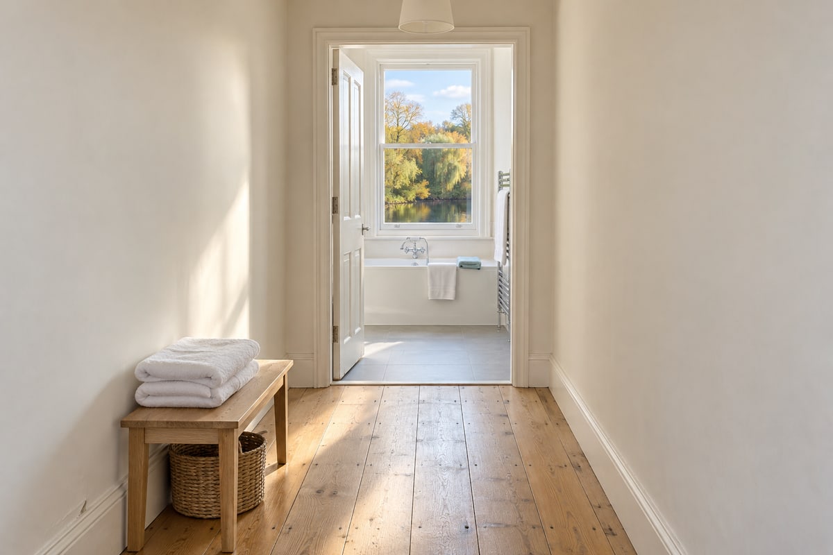 Landing with oak floorboards and a bench of folded towels, leading through an open door to a bath under a sash window with autumn trees and still water outside
