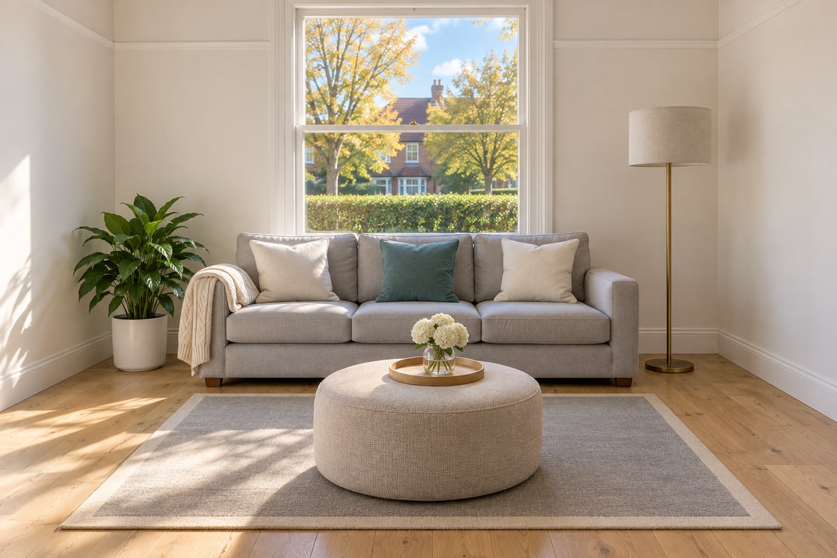 Grey sofa with cushions and a cream throw under a sash window, a round footstool with white flowers on a grey rug, and autumn trees outside
