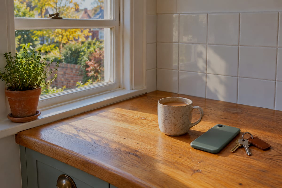 A mug of tea, a phone lying face down and a bunch of keys on an oak worktop by a sunny kitchen window.