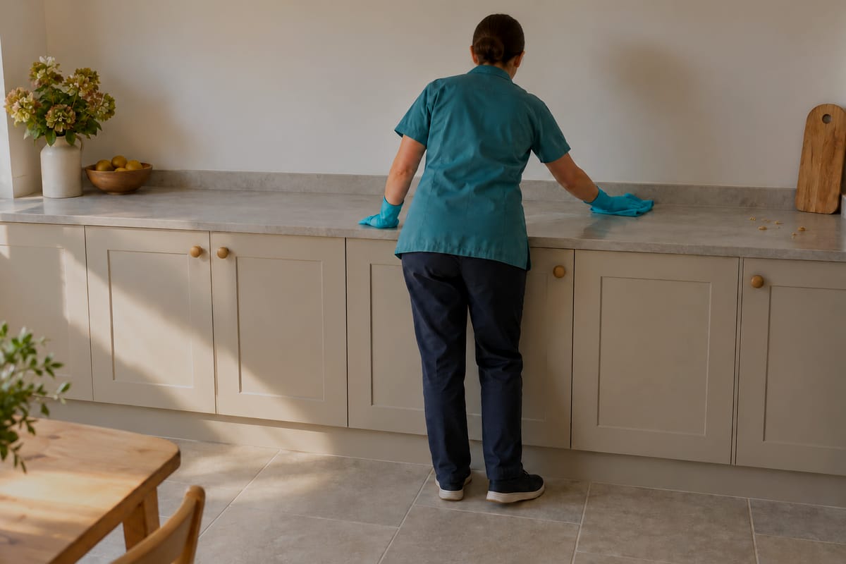 A cleaner in a teal tunic and gloves wiping down a kitchen worktop.
