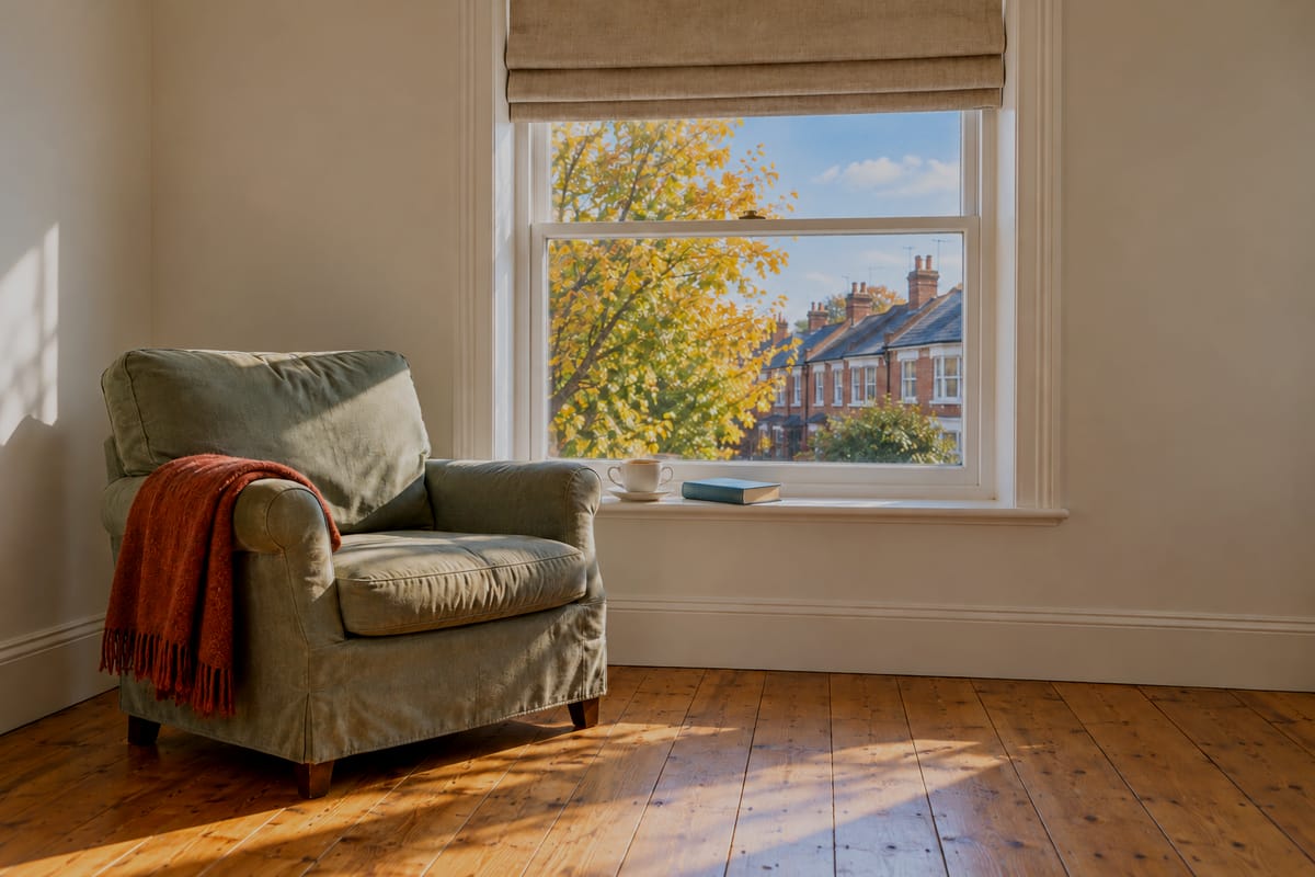 A sage green armchair with a rust throw beside a sash window, with a cup of tea and a book on the window board.