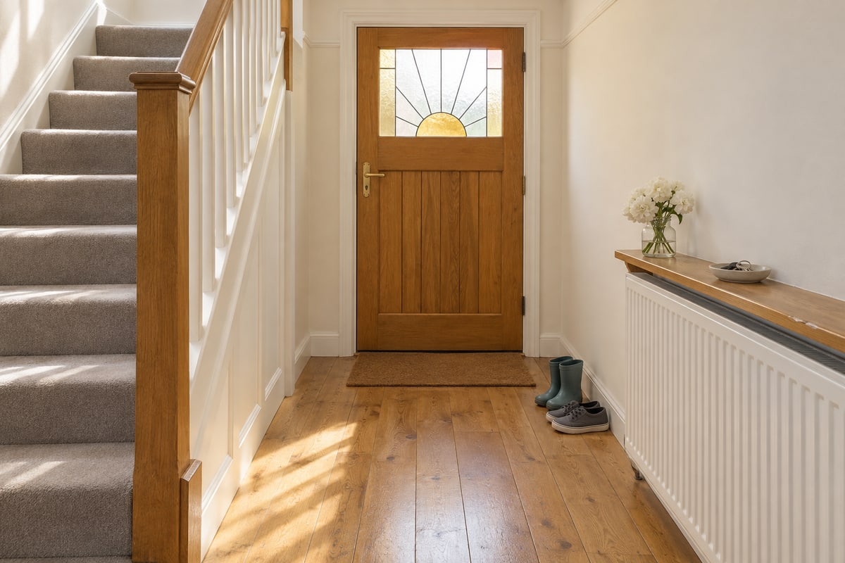 A hallway with oak floorboards, a carpeted staircase, a radiator shelf with flowers and an oak front door with a sunrise glass panel
