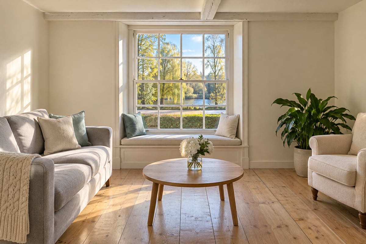 A small cottage living room with a grey sofa, a round oak coffee table and a window seat under a sash window, with a towpath, willows and the river outside