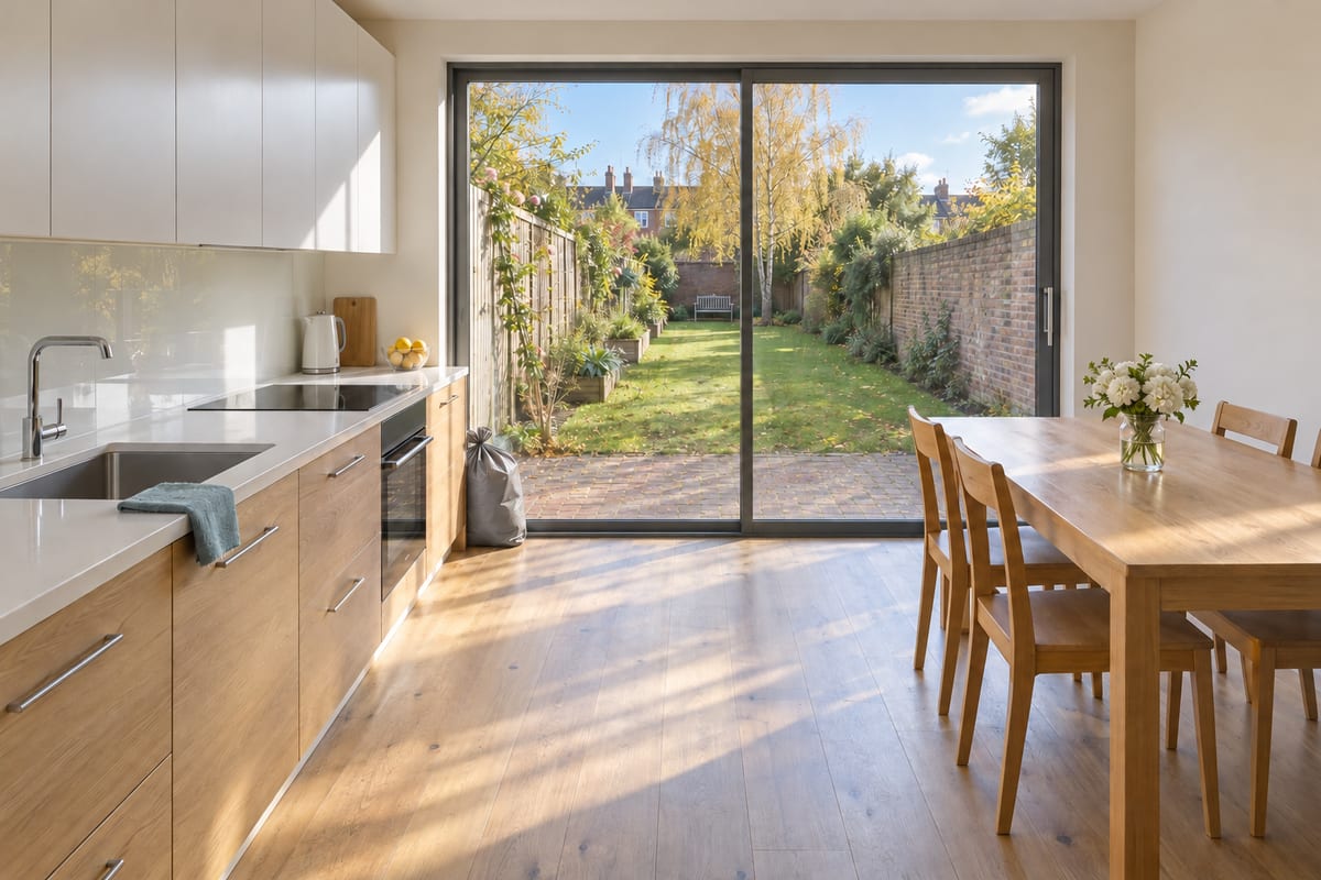 A kitchen-diner with oak cupboards, a white worktop and a dining table, looking through a sliding glass door to a long, narrow garden.