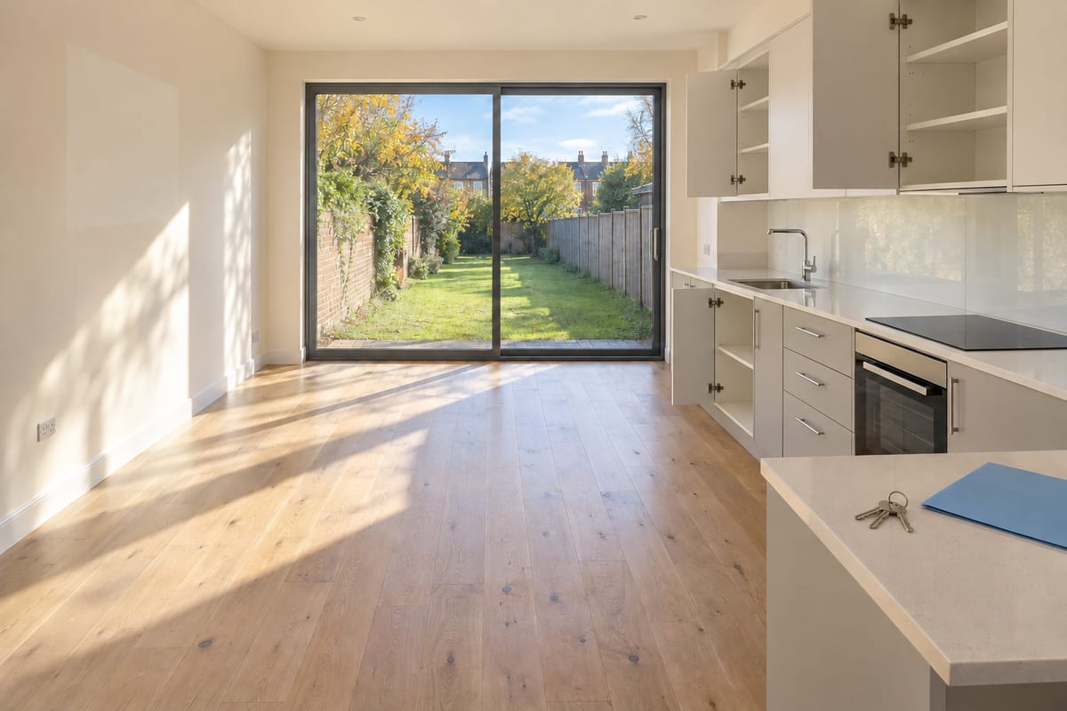 An empty kitchen-diner with open, empty cupboards and a set of keys beside a blue folder on the worktop, with a long garden beyond the sliding door.