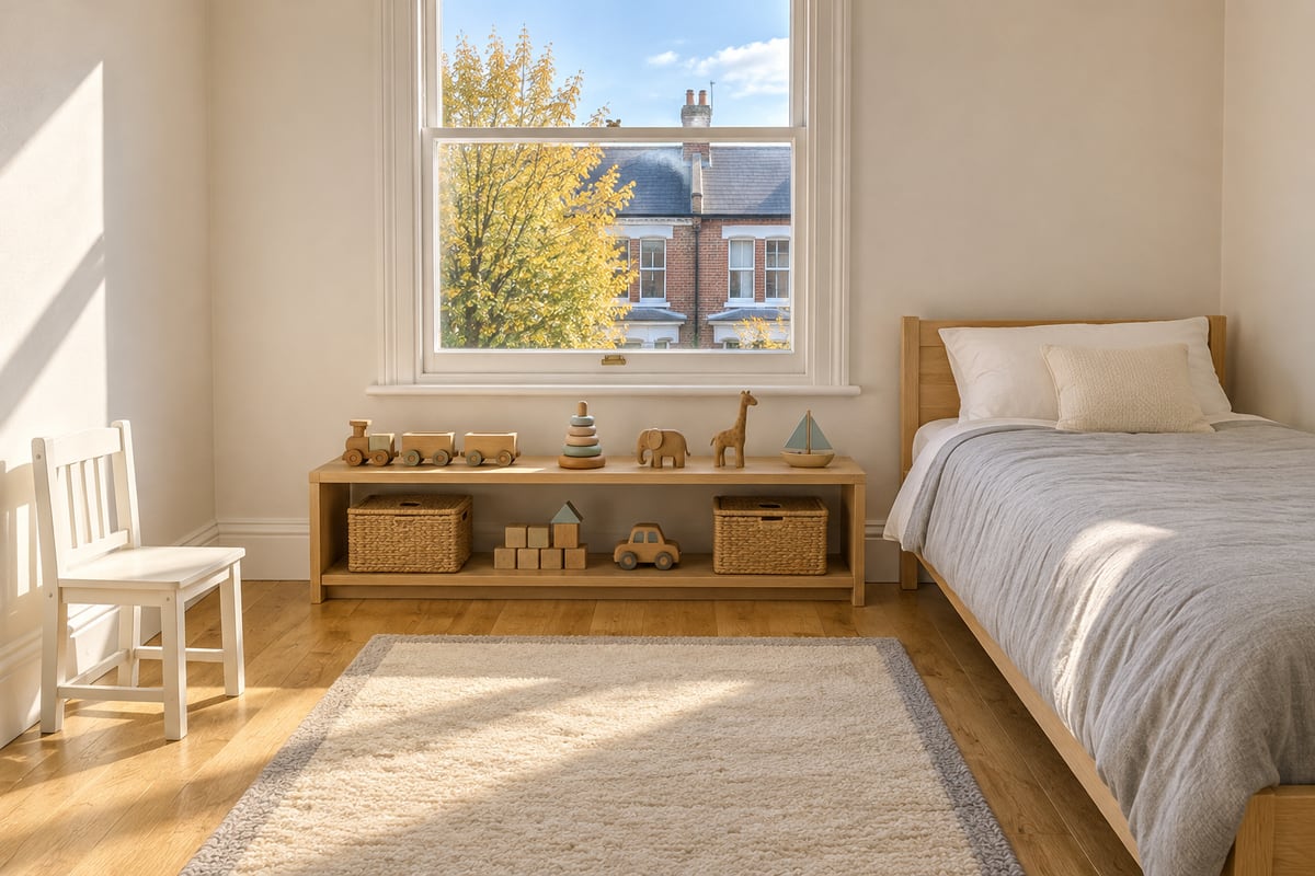 A child's bedroom with a made single bed and a grey quilt, a low oak shelf of wooden toys under a sash window, a cream rug on oak floorboards and a small white chair.