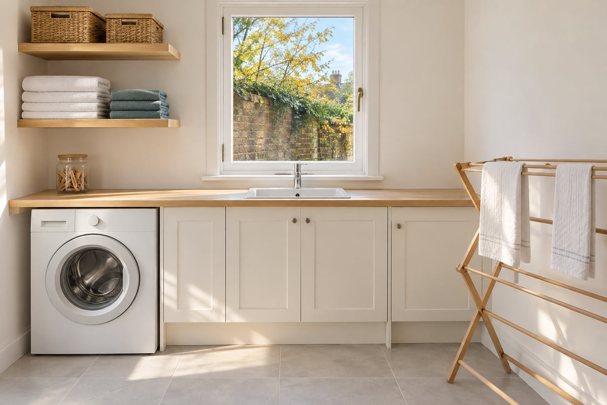 A utility room with a white washing machine under an oak worktop, a small sink below a casement window, shelves of folded white and teal towels and a wooden clothes airer on a pale grey tiled floor.