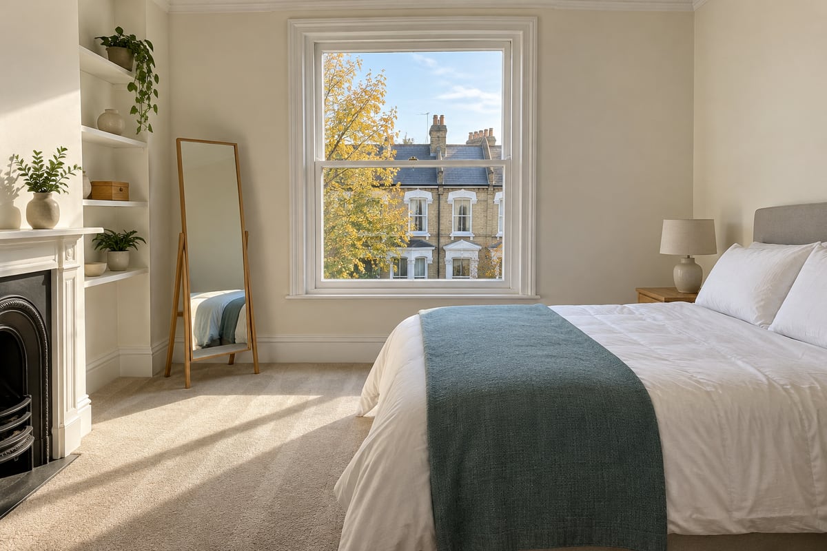A bedroom with a made double bed and a teal throw, a standing mirror, alcove shelves, a fireplace and a sash window onto houses across the street.