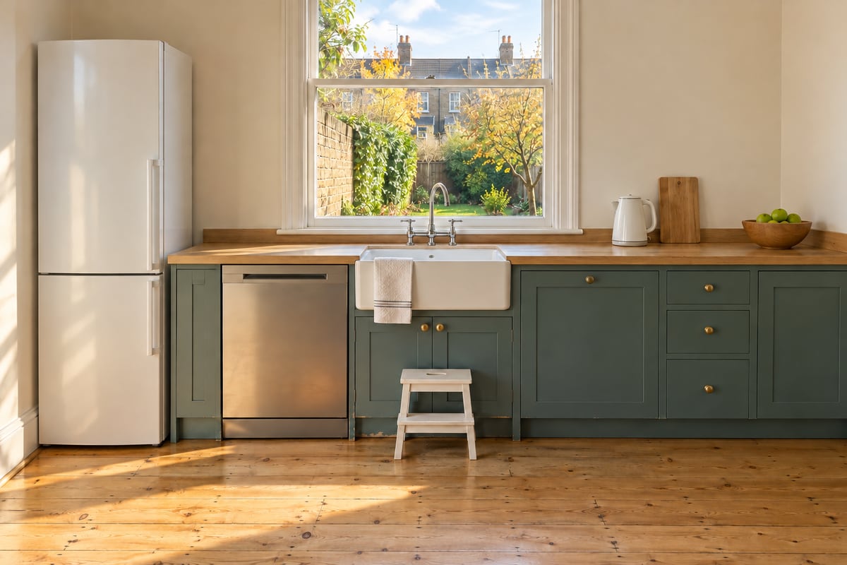 A kitchen with teal units, an oak worktop, a white butler sink under a sash window, a closed stainless steel dishwasher, a white fridge freezer and a child's step stool.