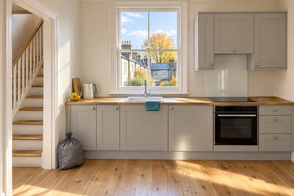 Grey kitchen with a clear oak worktop, a teal cloth over the sink, a tied bin bag by an open doorway and a stair rising beyond it.