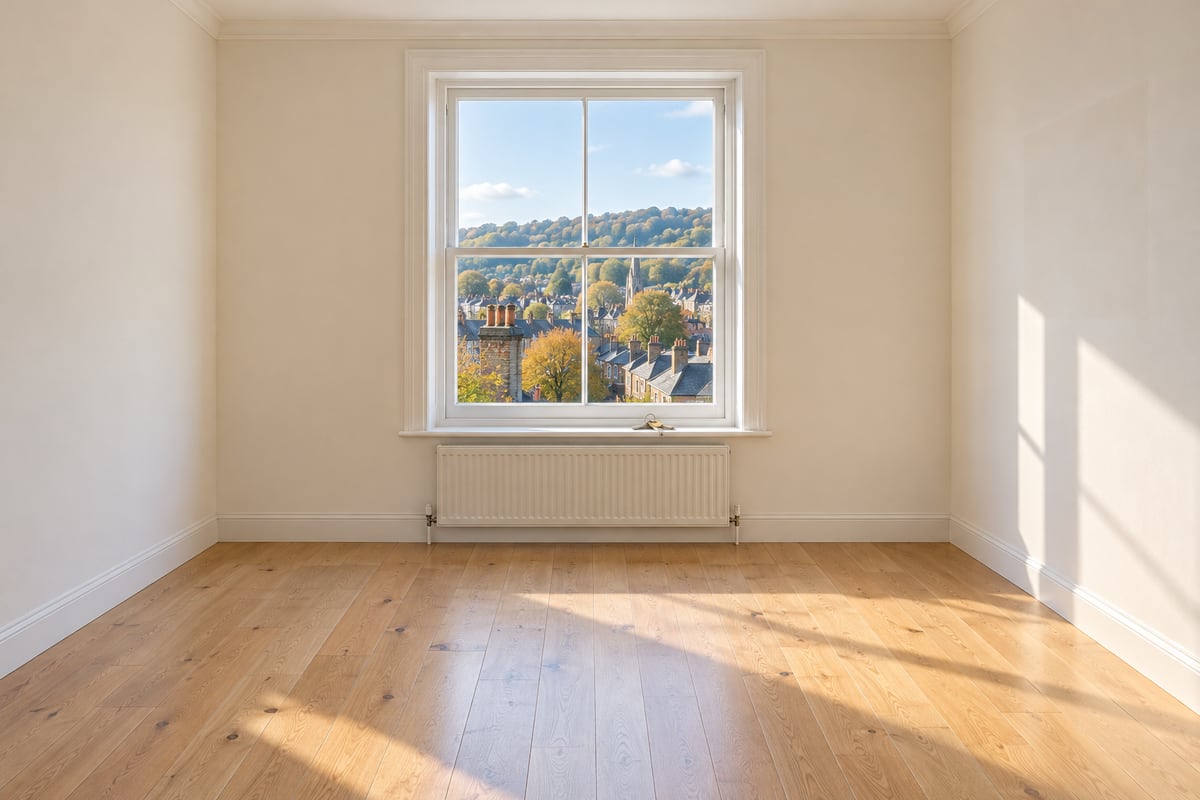 Empty room with bare oak floorboards and a set of keys on the sill of a sash window, with rooftops, chimneys and a church spire beyond.