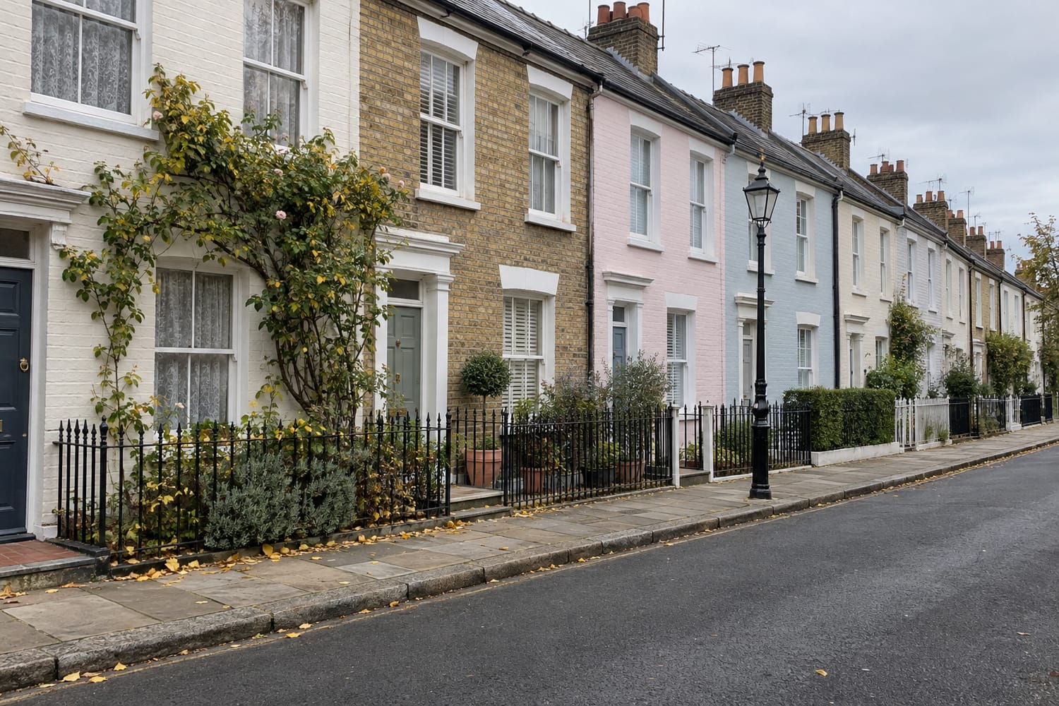 A row of painted terraced houses in white, yellow brick, pink and blue behind black railings on a quiet street