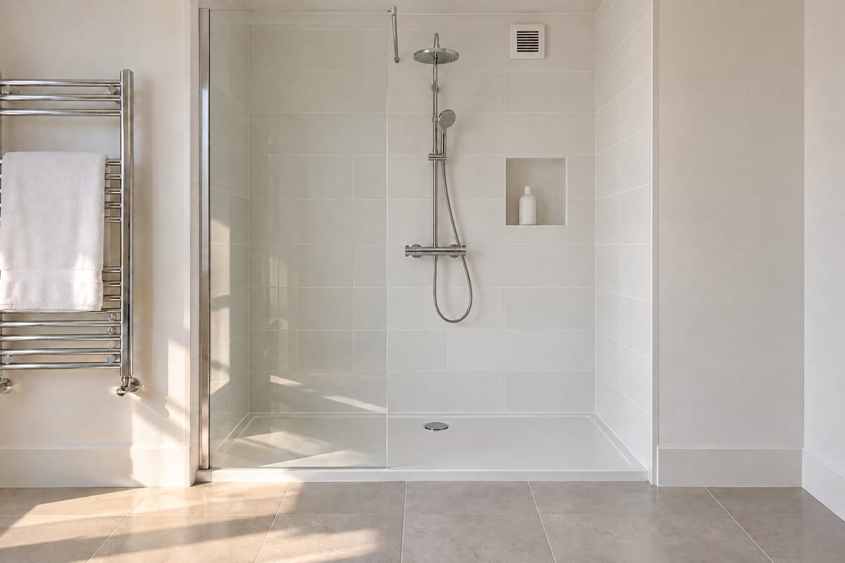 A walk-in shower with white wall tiles, a chrome shower set, a clear glass screen and a white extractor grille, with a towel on a heated rail.