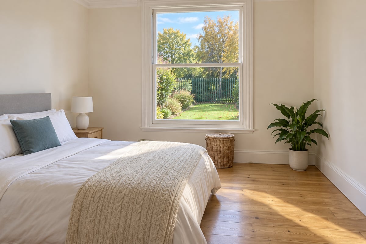 Bedroom with a made double bed, a knitted blanket and a bedside lamp, a sash window looking onto a lawn, a green railway fence and trees