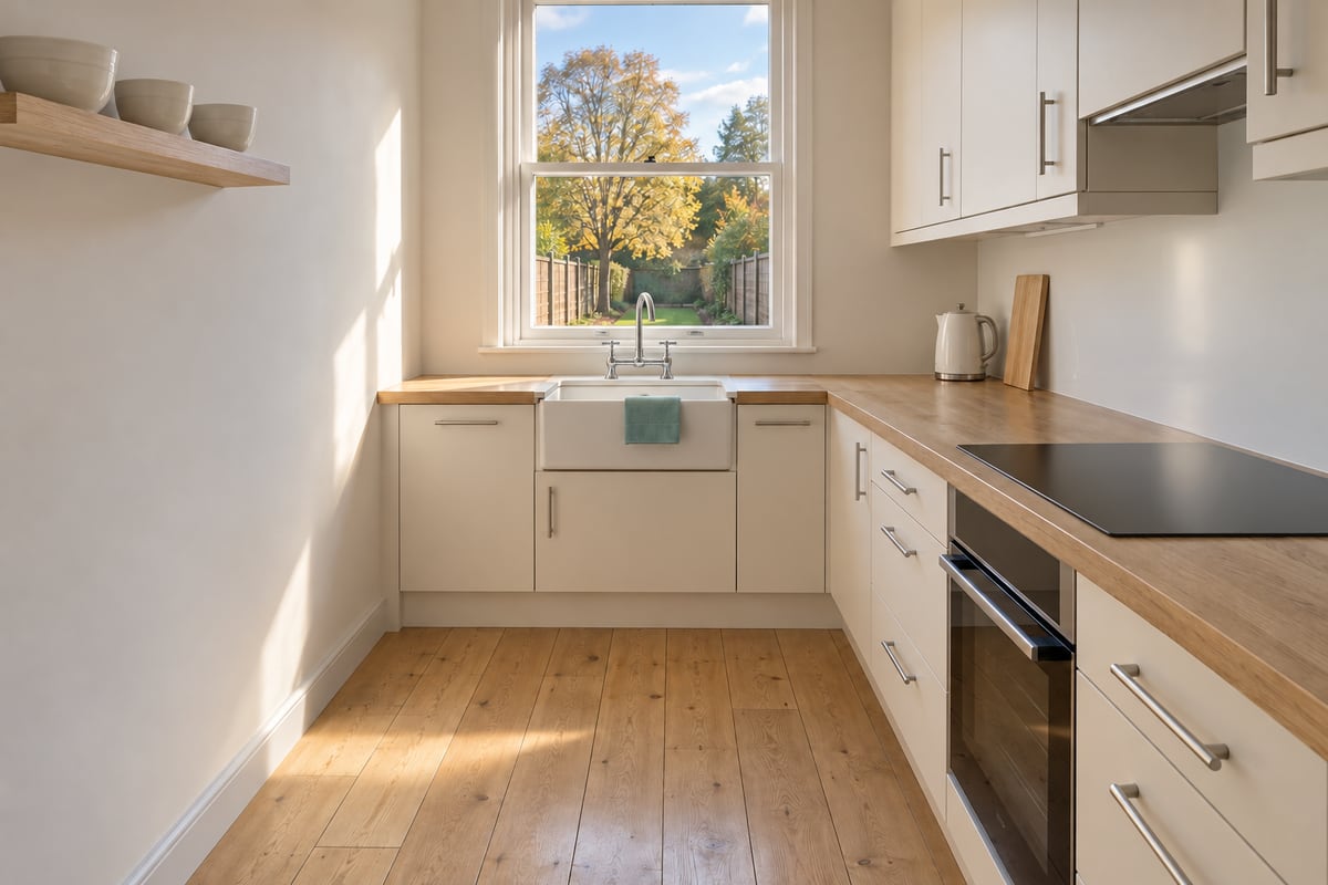 Narrow galley kitchen with cream cupboards and a wooden worktop, a butler sink with a folded teal cloth below a sash window onto a long garden