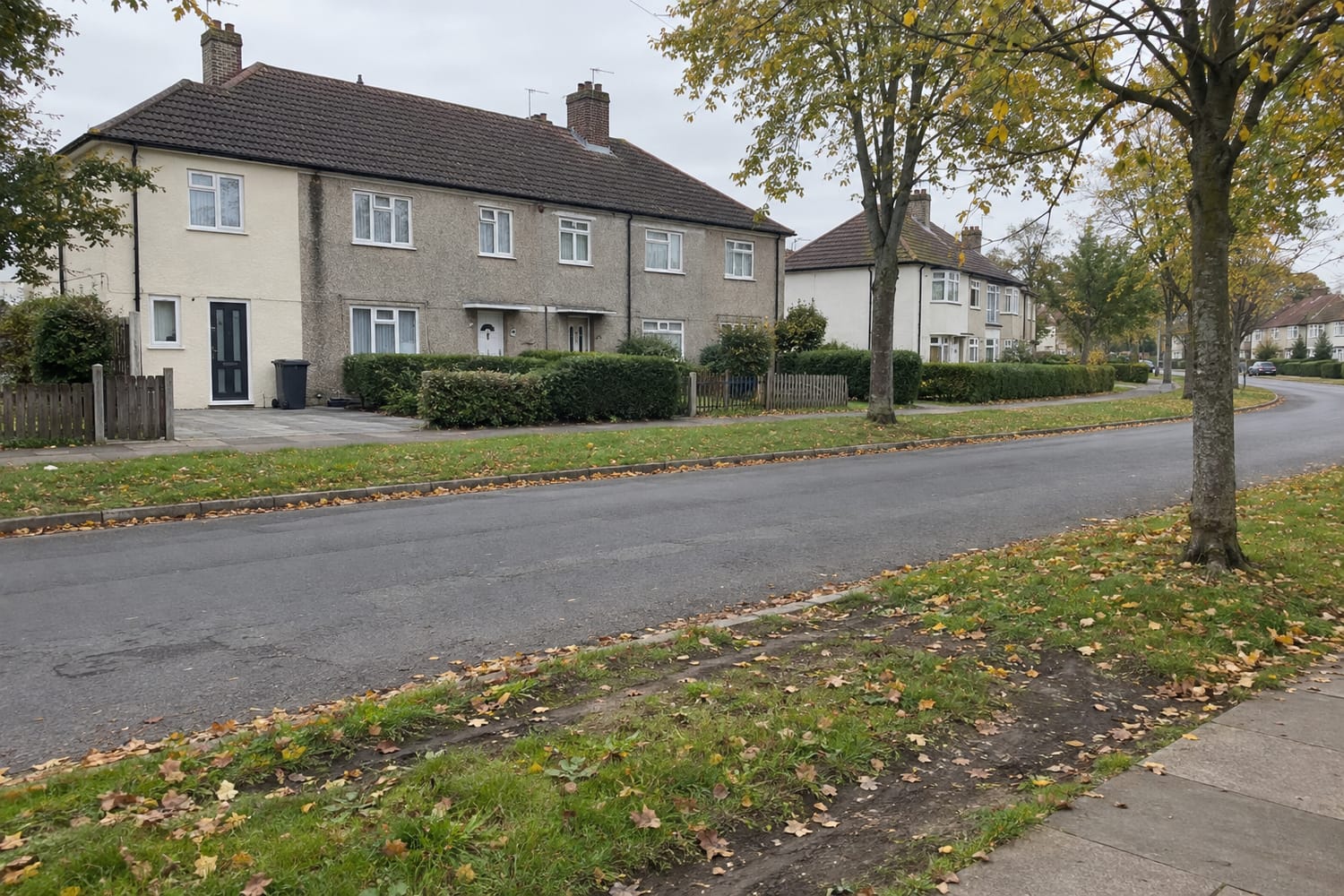 A short terrace of plain pebble-dashed houses with hedges, seen across a quiet road with grass verges and fallen leaves