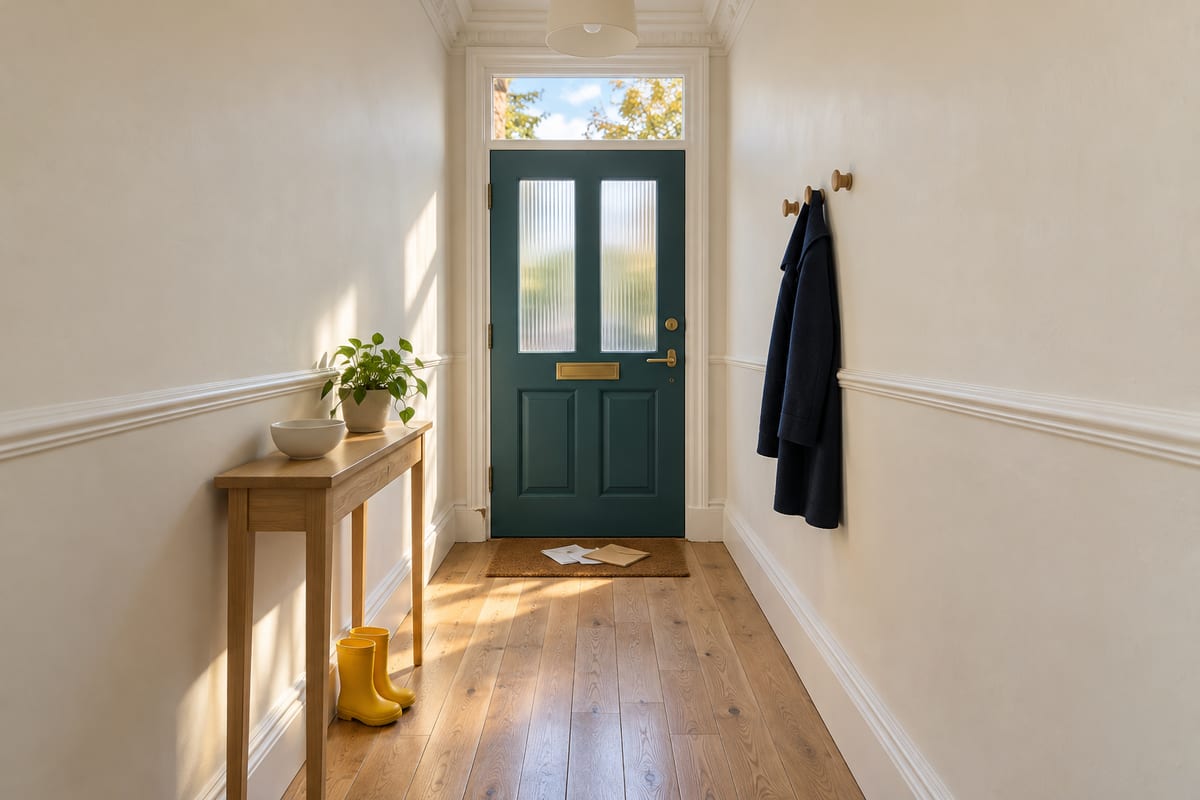 Long hallway with oak floorboards leading to a teal front door, post on the doormat, a console table, yellow wellies and a navy coat on a peg.