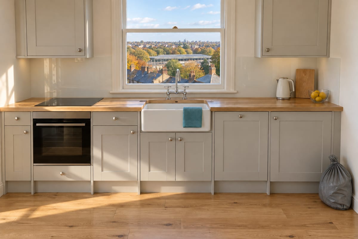 Grey kitchen cupboards and an oak worktop around a white butler sink, under a sash window that looks over slate roofs and chimneys to a long, low station roof.